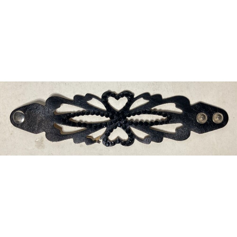 Black Faux Leather Bracelet, Black Rhinestones, Cut-Out Design, Snap Closure 2"W